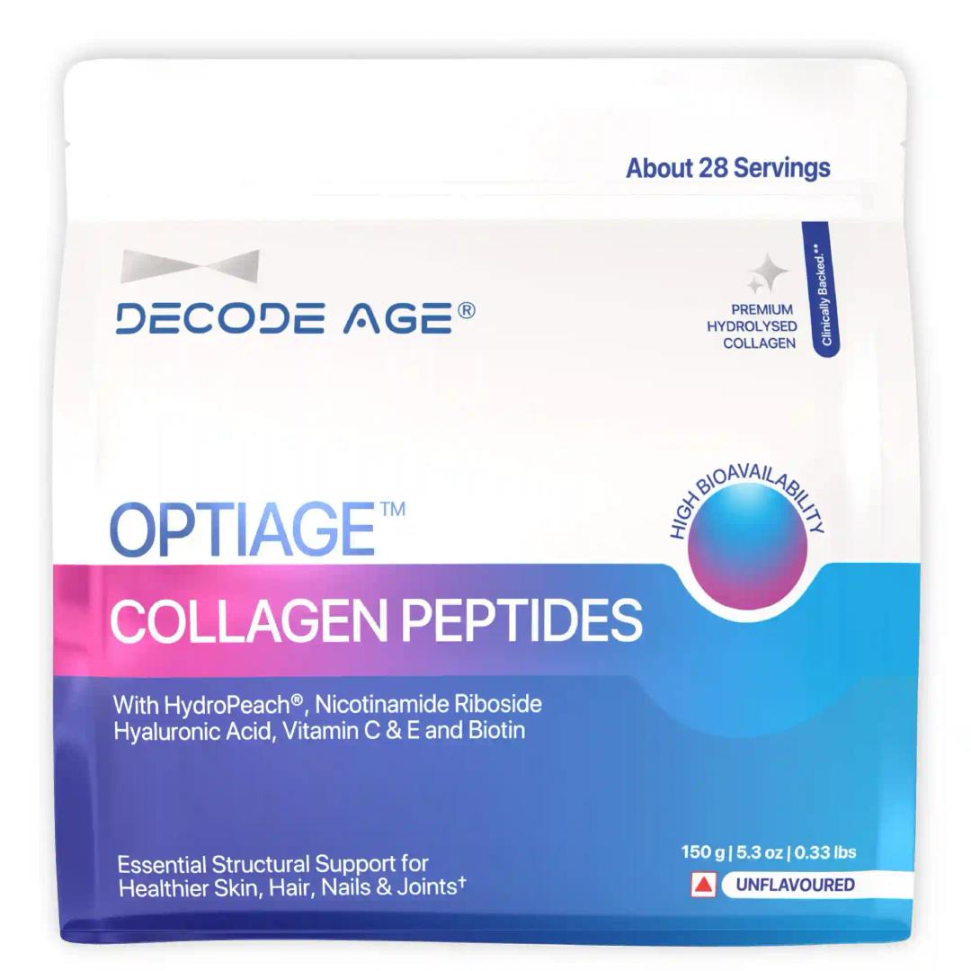 DECODE AGE OptiAge Collagen Supplement | Supports Hair, Skin, Bone and Joint Health | Type 1 Hydrolysed Collagen, HydroPeach, NR, Vitamin C& E, Hyaluronic Acid, Biotin | 150 gm, 28 Servings