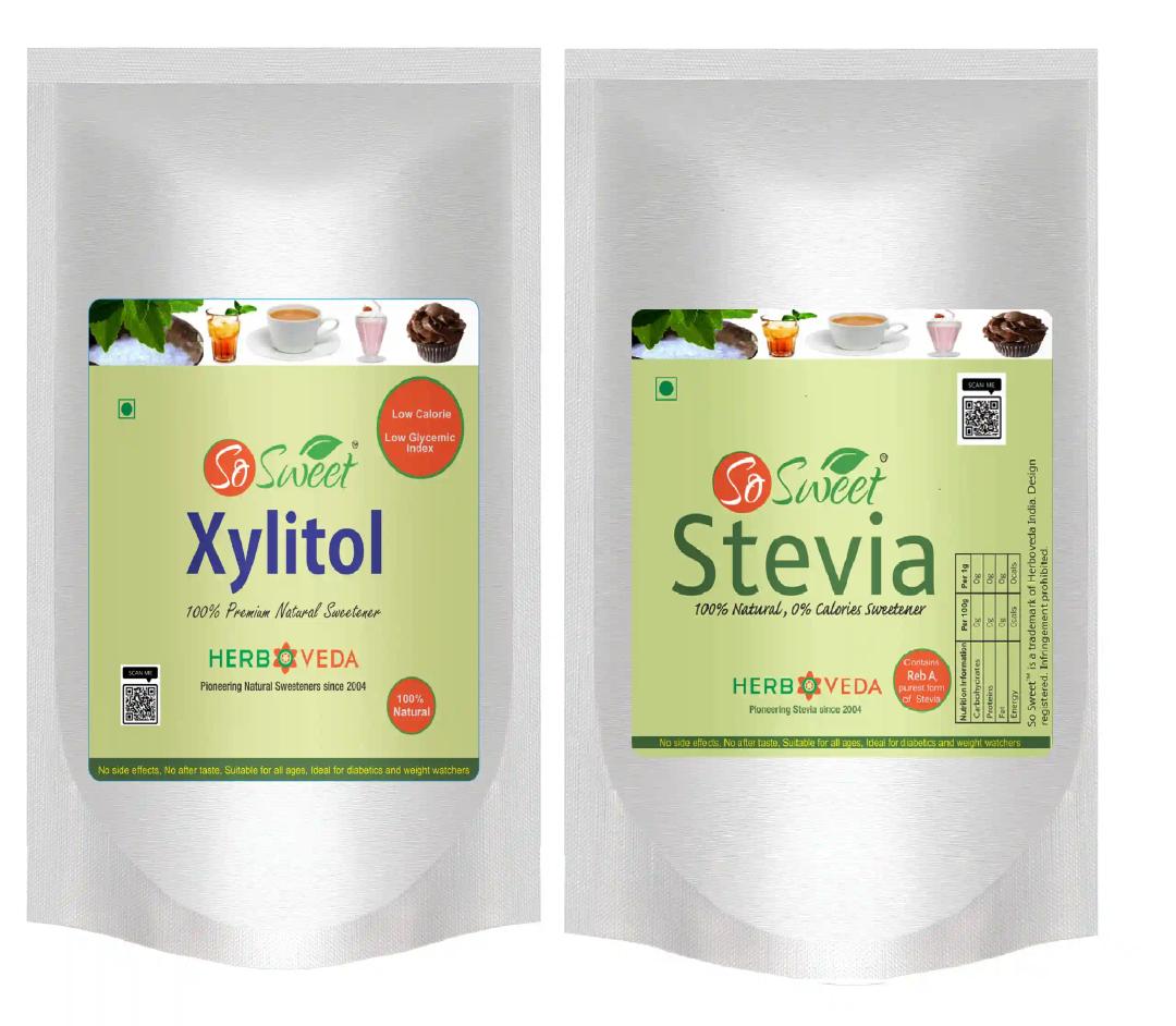 So Sweet Stevia Powder 1kg + Xylitol Powder 1kg Sugar Free 100% Natural Sweetener (Pack of 2)