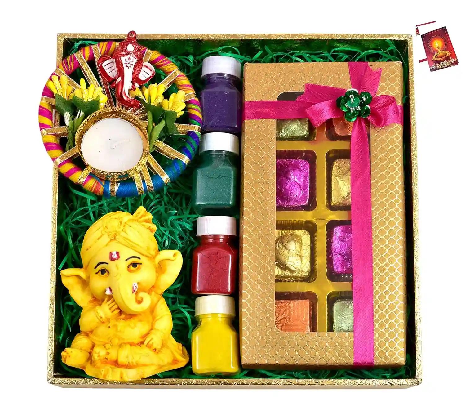 Diwali gift hampers/diwali gift pack/diwali gifts for friends and family/diwali chocolate gift pack-decorated tray+chocolate box+designer candle+Showpiece figurine+Rangoli Colours+Diwali Greeting Card