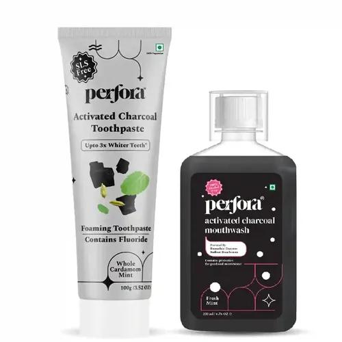 PERFORA Activated Charcoal Toothpaste & Mouthwash Combo | SLS, Titanium Dioxide & Alcohol Free | Bamboo Charcoal For 3x Whiter Teeth | Enamel Safe Teeth Whitening Toothpaste for Men & Women -Pack of 2