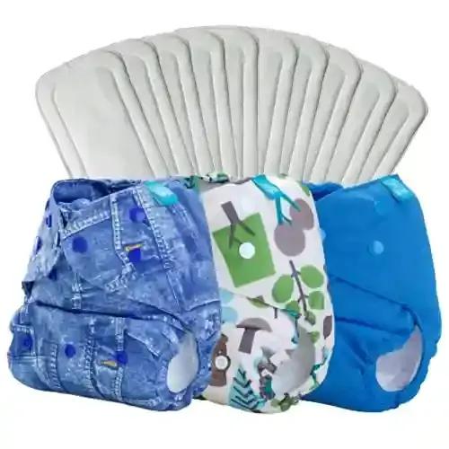 Bumberry Cloth Diaper Covers With 10 Wet Free Inserts Perfect For Babies Between 6 - 36 months, 7 to 15 Kgs, Jeans, Trees and Oceanic Blue (3 Adjustable, Washable & Reusable Diaper Covers With 4 Soakers)