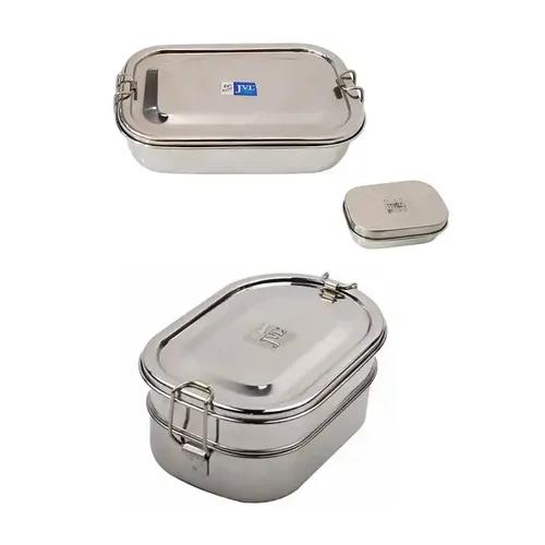 Jvl Stainless Steel Rectangular Single Layer Lunch Box With Small Container & Big Kar Double Layer Lunch Box With Inner Plate Not Leak Proof - Pack Of 2