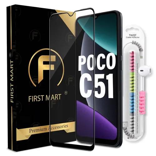 FIRST MART Premium Tempered Glass for Poco C51 / Redmi A1 / Redmi A2 Plus with Edge to Edge Coverage and Cable Protector and Easy Installation Kit, Pack of 1