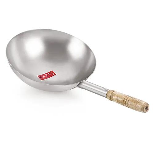 HAZEL Chinese Wok with Handle | Stainless Steel Chinese Kadai for Noodles | Fried Rice Kadai with Handle Big Size | Deep Fry Pan. 30.5 cm, 3500 ML