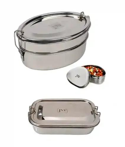 Jvl Stainless Steel Rectangular Single Layer Lunch Box With Inner Plate & Big Oval Double Layer Lunch Box With Small Container Not Leak Proof - Pack Of 2