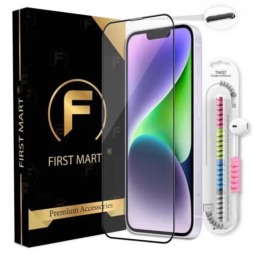 FIRST MART Premium Tempered Glass for iPhone 14 Plus / 13 Pro Max Edge to Edge Screen Coverage, Speaker Mesh Dust Filter & Cable Protector with Easy Installation Kit