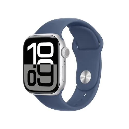 Apple Watch Series 10 [GPS 42 mm] Smartwatch with Silver Aluminium Case with Denim Sport Band - S/M. Fitness Tracker, ECG App, Always-On Retina Display, Water Resistant