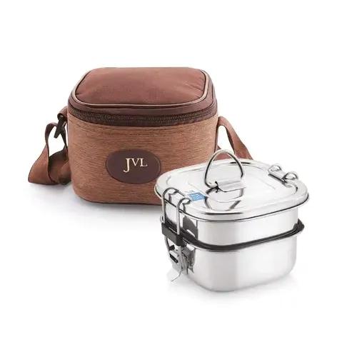 Jvl Stainless Steel Lunch Box For Kids, Double Two Layer Leak Proof Tiffin Box For School And Office Use With Inner Plate - Square - Medium Size - Approx 700Ml Each Container