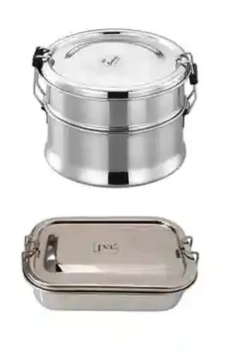 Jvl Stainless Steel Rectangular Single Layer Lunch Box With Inner Plate & Big Round Double Layer Lunch Box Not Leak Proof - Pack Of 2