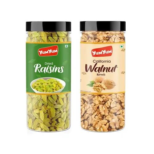 YUM YUM Dry Fruits 300g Combo Pack - Kishmish 150g, Akhrot Giri 150g Jar Each - Raisins, Walnuts