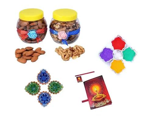 MANTOUSS Diwali Dry Fruit Decorated Jar-Almond and Walnut(100gms Each),200 GMS + 2 earthern Diya, Diwali Greeting Card and Rangoli Colours