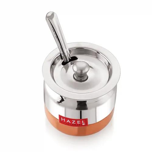 HAZEL Ghee Pot With Spoon | Stainless Steel Copper Bottom Ghee Container For Kitchen | Premium Oil Container With Lid For Pooja Items, 300 ML