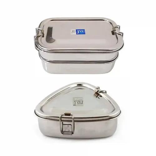 Jvl Stainless Steel Rectangular Double Layer Lunch Box With Inner Plate & Small & Triangle Single Layer Lunch Box With Inner Plate - Set Of 2