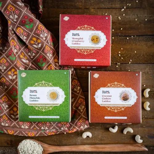 THE FILLING STATION Besan Pistachio, Coconut Cashew & Moongdal Cranberry Ladoo_Pack of 3 | No White Sugar | Sweetened with Palm Jaggery | No Artificial Flavors| No Preservatives_27 Ladoos_750 Gm