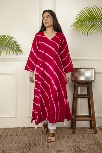 Red Leheriya Tie And Dye Cotton A-Line Kurta - X-Small