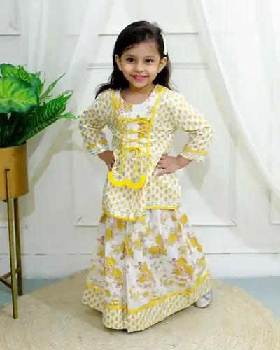 Kid’s Girls Pure Cotton Jaipur Block Printed Indian Ethnic Festive Party Wear Suit Sets | Yellow