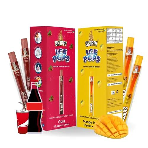 SKIPPI ICE POPS 100% Natural Freezer Pops, Juice Bars, Ice Pops-Cola & Mango Flavors(12+12 Pops Boxes)