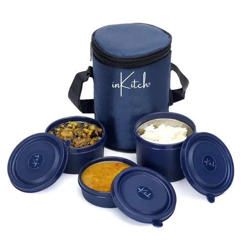 InKitch Microwave Safe Lunch Box Set with Bag, 3 Containers (250/400/500 ml), Blue | Outer Plastic & Inner Stainless Steel Tiffin Box | Leakproof Lunch Boxes