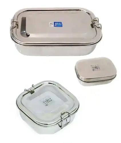 Jvl Stainless Steel Rectangular Single Layer Lunch Box With Small Container & Big Square Single Box With Inner Plate Not Leak Proof - Pack Of 2