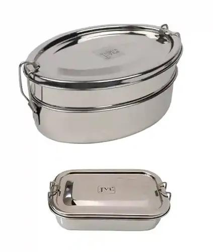 Jvl Stainless Steel Rectangular Single Layer Lunch Box With Inner Plate & Big Oval Double Layer Lunch Box Not Leak Proof - Pack Of 2