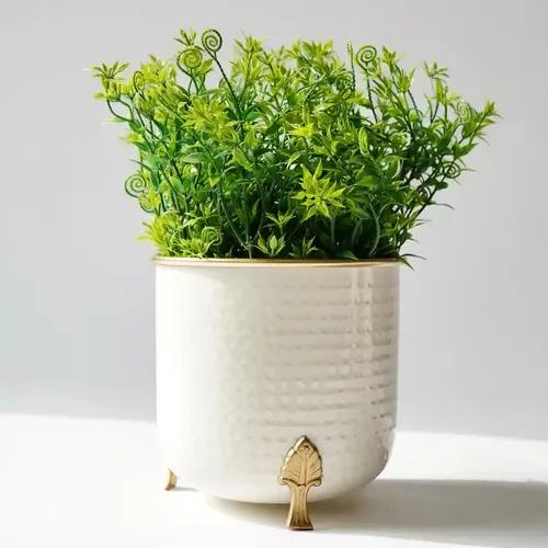 Behoma Metal Hammered White Planter with Golden Trim for Home Decor | Decoratives for Indoor Outdoor Balcony Living Room | Table Decorative Plant Pot for Gifting | White (Plant not Included)