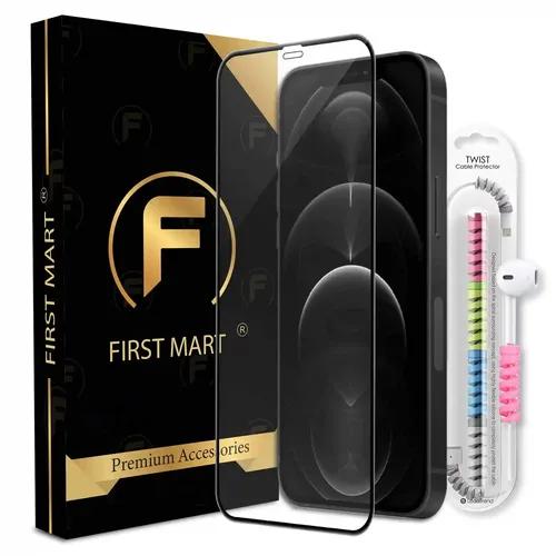 FIRST MART Premium Tempered Glass for iPhone 12 Pro Max with Edge to Edge Coverage and Cable Protector and Easy Installation Kit, Pack of 1