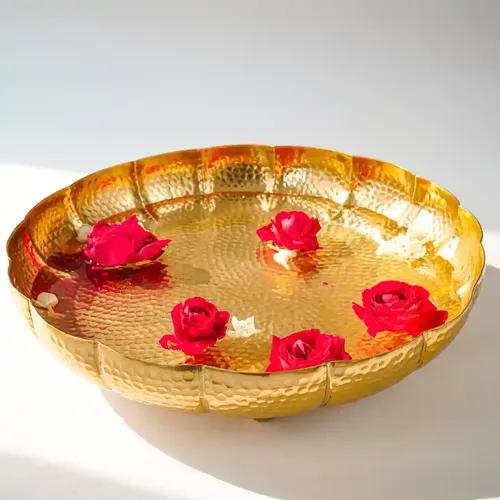 Behoma Aluminium Hammered Lotus Design Urli Bowl for Home Decor || Aluminium Round Tray for Living Room Dining Office Center Table Decoration Diwali, Festival || Flower Urli, Gold, Large 1 PC