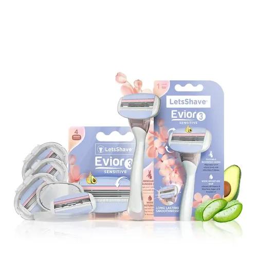 LetsShave Evior 3 Value Set- Evior 3 Manual Razor+Blade Refills/Cartridges (4 Pcs) | Full Body Hair Removal Razor For Women