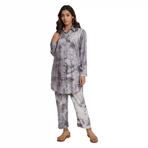 Grey Tie And Dye Rayon Long Co-Ord Set (Set of 2) - X-Small