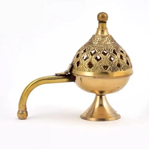 ALODIE- Brass Dhuna Loban Burner-Loban Daan Burner Akhand Diya-Dhoop Stand Diya with Handle (5.4Wx4.6H INCHES)