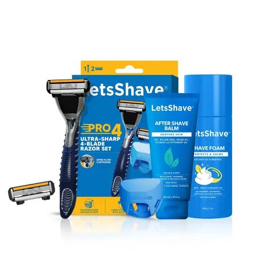 LetsShave Pro 4 Value Kit For Men - 4 Blade Shaving Razors For Men, Shaving Foam, After Shave Balm & Razor Cap