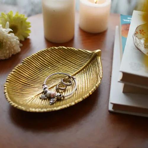 Behoma Metal Small Leaf Shape Tray for Home Decor Gifting Item | Diwali, Festival, Pooja Decorative Item for Living Room Dining Ofice Center Table |Golden Colour Small Size (Only Tray Included)