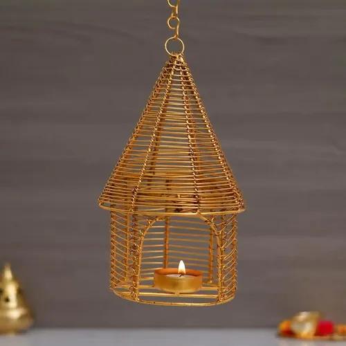 WEBELKART Premium Hanging Bird Cage Nest Hanging tealight Candle Holder for Home and Office Decor| laltern tealight Candle Holder for Home (6 Inches, Gold)