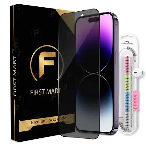 FIRST MART Privacy Tempered Glass for iPhone 14 Pro Edge to Edge Full Screen Coverage & Cable Protector & Easy Installation Kit