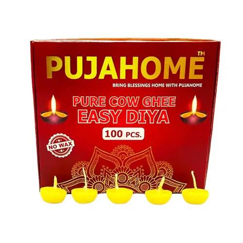 Pujahome Cow Ghee Cotton Wicks Wax Free Diya Batti for Daily Puja Readymade Ghee Diya Batti Easy to Use Long Lasting (100 Pieces Per Pack, Pack of 1)