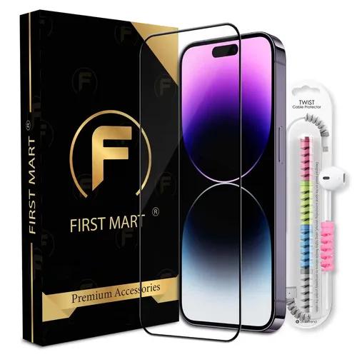 FIRST MART Premium Tempered Glass for iPhone 14 Pro with Edge to Edge Coverage and Cable Protector and Easy Installation Kit, Pack of 1