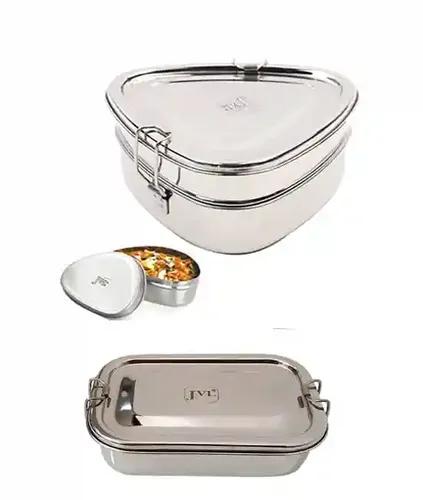 Jvl Stainless Steel Rectangular Shape Single Layer Lunch Box With Inner Plate & Small Triangle Double Layer With Small Container - Set Of 3