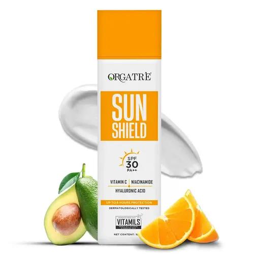 Orgatre Sunscreen SPF 30 PA++ | Sun Shield | Lightweight, No White Cast | Vitamin C, Niacinamide & Hyaluronic Acid | Broad Spectrum UVA/UVB Protection | Non-Greasy, Water Resistant, Up to 8 Hours Protection | Dermatologically Tested | Suitable for All Skin Types | 100g