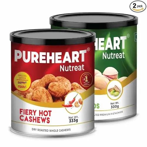 PUREHEART Nutreat Combo Set Fiery Hot Cashew Nuts (333 gm) and Salted Pistachios (300 gm) Delicious and Crunchy Premium Roasted Dry Fruits