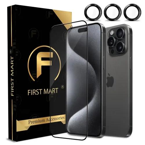 FIRST MART for iPhone 15 Pro Tempered Glass and 1 Set of Individual Black Titanium Camera Rings Protectors, 2.5D Curved Edges, Full-Coverage Military-Grade Protection, Scratch Resistant | Black Rings