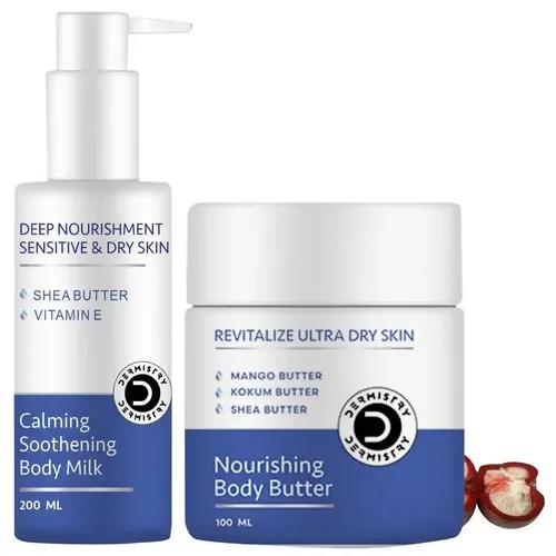 Dermistry Calming Soothing Body Milk Lotion Sensitive & Dry Skin Deep Nourishment Moisturizer & Revitalizing Nourishing Body Butter | Shea Butter, Vitamin E Non-Greasy, Repairs Smoothens | Deep Very Dry & Flaky Sensitive Skin And Mango, Kokum For Men & Women ( Pack Of 2 - 300 Ml )