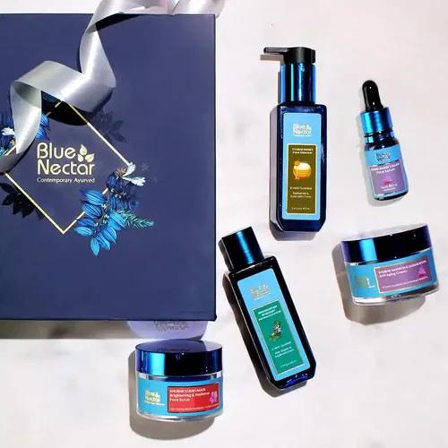 BLUE NECTAR Bestsellers Gift Set for Women & Men | Kumkumadi Face Serum, Anti Aging Cream, Hair Oil, Face Wash & Scrub | Gift Box for Birthday, Anniversary & Special Occasions | For All Skin Types