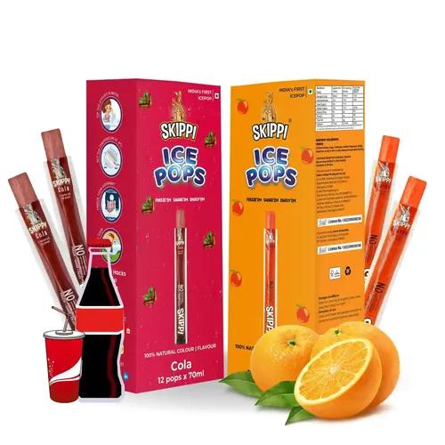 SKIPPI ICE POPS 100% Natural Freezer Pops, Juice Bars, Ice Pops - Cola & Orange Flavors (12+12 Pops Boxes) - 12 Gram