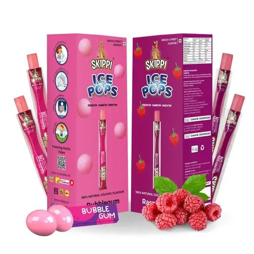 SKIPPI ICE POPS 100% Natural Freezer Pops, Juice Bars, Ice Pops - Bubble Gum & Raspberry Flavors (12+12 Pops Boxes)