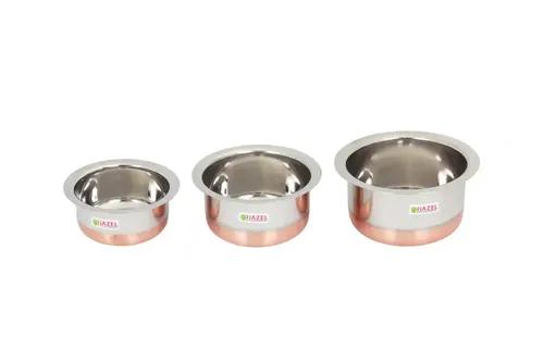 HAZEL Utensils Set for Kitchen I Set of 3, 350 ml, 600 ml, 830ml | Copper Bottom Utensils for Cooking I Steel Tope Set for Daily Use I Multipurpose Kitchen Containers