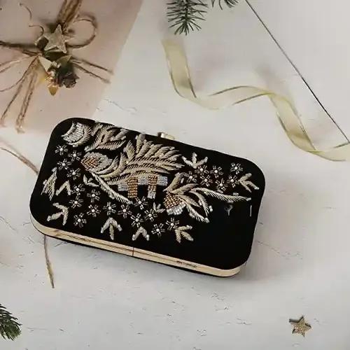 Embroidery Party Golden Clutch For Women - Black