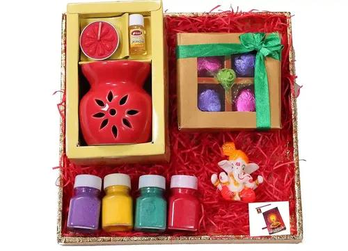 Diwali gifts for employees/Diwali chocolate gift pack/Diwali gift items-designer tray+Handmade Chocolate box+figurine showpiece+ceramic oil diffuser+rangoli colours +Diwali greeting card