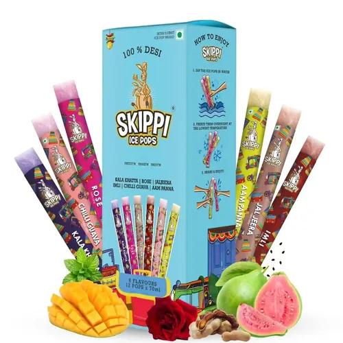 SKIPPI ICE POPS All Desi Flavor Ice Pops Box. Kala Khatta, Rose, Jaljeera, Imli, Chilli Guava, Aam Panna (2 Qty of 6 Indian flavors, 12 Ice pops X 70ml each)