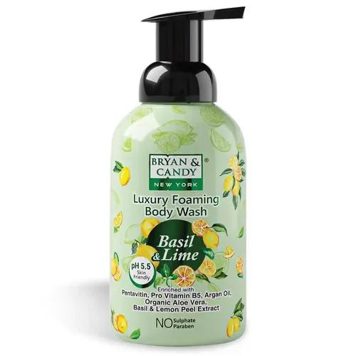 Bryan & Candy Luxury Foaming Body Wash with Pentavitin,Pro Vit B5,Argan Oil,Aloe Vera, Skin Friendly pH 5.5, All Skin Types, 400 Ml (Basil & Lime)