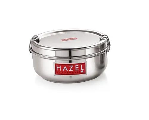 HAZEL Steel Tiffin Box for Office | Stainless Steel Lunch Box, 350 ML with Inner Plate | Traditional Design Glossy Finish Steel Box in Silver